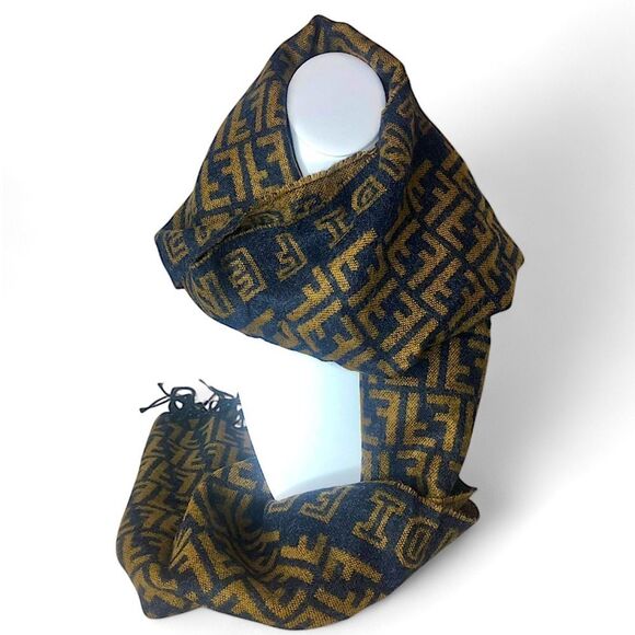 FENDI Navy Blue Tan Wool Silk Scarf with Decorative Tassels NWOT - Picture 9 of 11